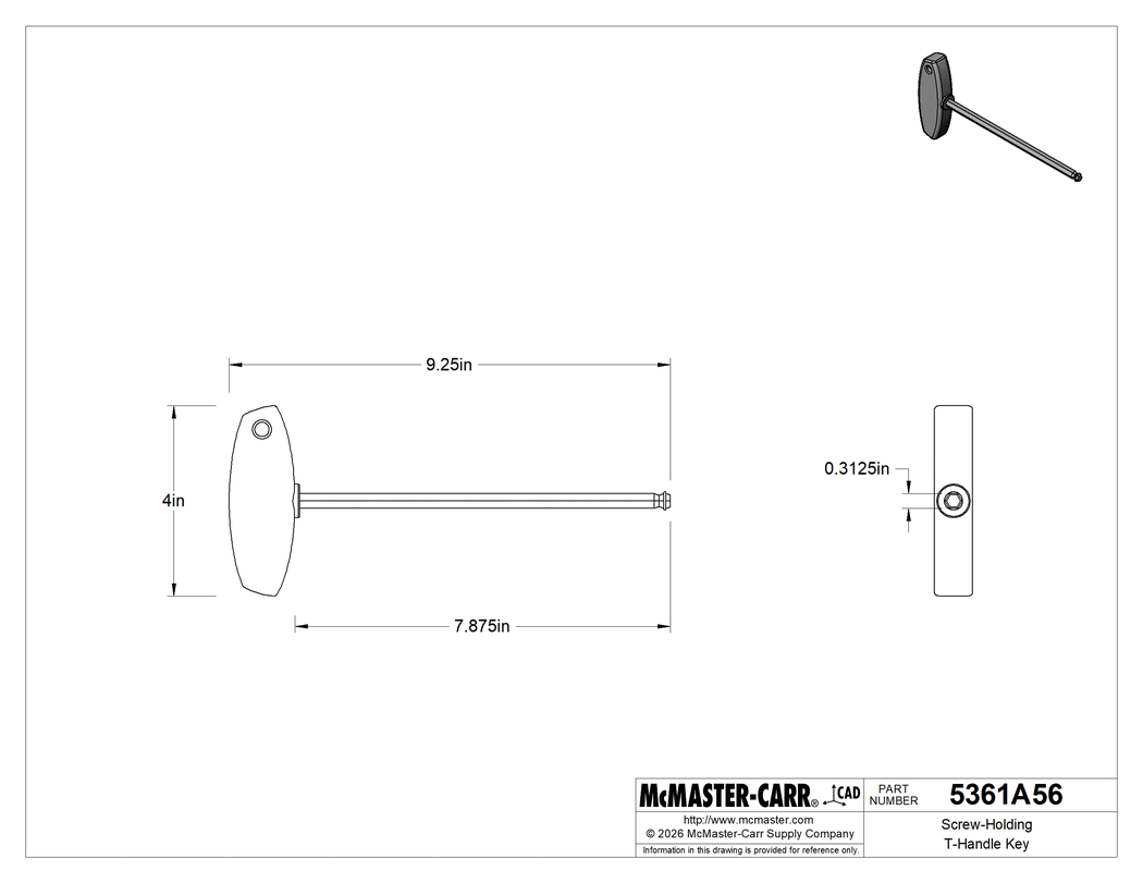 Technical Drawing of Screw-Holding T-Handle Key, 5/16" Drive Size, 9-1/4" Overall Length.